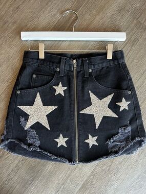 Carmar Black Denim Mini Skirt with Silver Star Embellishments